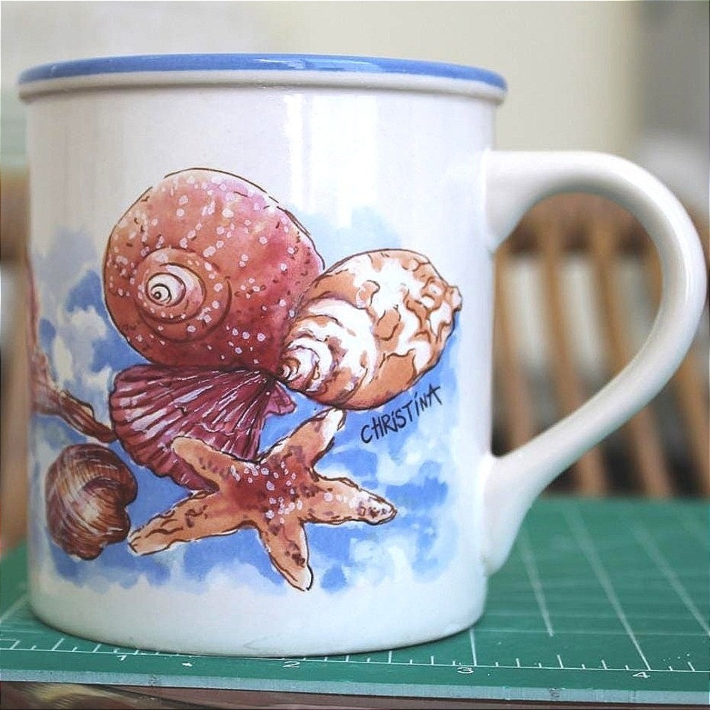 Potpourri Press‎ Seashore Shells Mug White Blue Good Vintage 1991 Coastal Kitsch